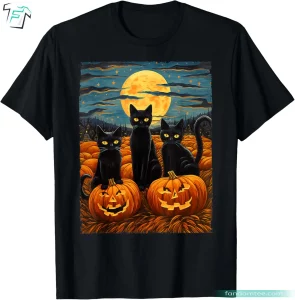 Black Cat Halloween Shirt Funny Starry Night Cat Van Gogh Graphic Tee