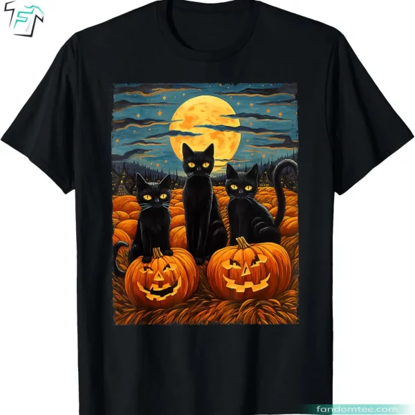 Black Cat Halloween Shirt Funny Starry Night Cat Van Gogh Graphic Tee