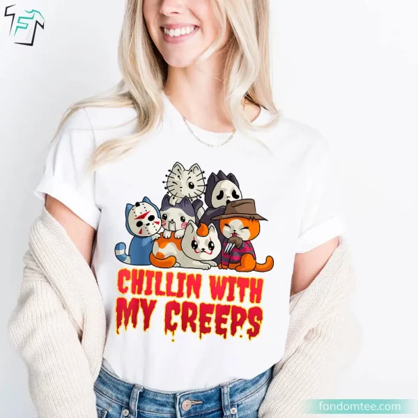 Chilling With My Creeps Funny Serial Killer Cats Horror Character Shirt