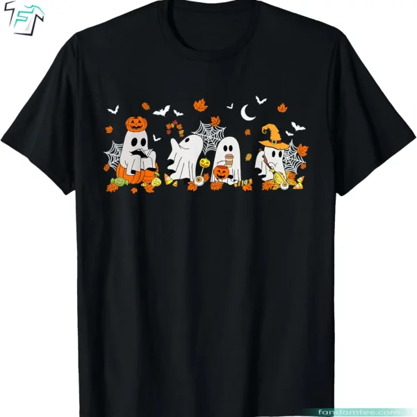 Cute Ghost Drinking Coffee & Reading Books Fall Ghost T Shirt Halloween