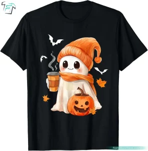 Cute Ghost Halloween Shirt Funny Ghost Drinking Hot Coffee Graphic Tee