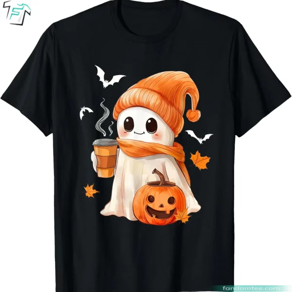 Cute Ghost Halloween Shirt Funny Ghost Drinking Hot Coffee Graphic Tee