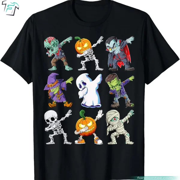 Dabbing Halloween Characters Horror Movies Shirt Funny Zombie Scary Skeleton Pumpkin Mummy Tee