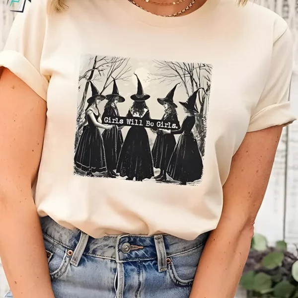 Girls Will Be Girls Vintage Halloween Witch T Shirts Funny Spooky Graphic Tee