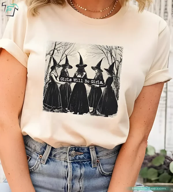 Girls Will Be Girls Vintage Halloween Witch T Shirts Funny Spooky Graphic Tee