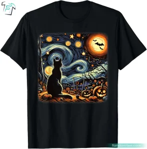 Halloween Cat Shirt Funny Halloween Starry Night Black Cat Pumpkin Bats Graphic Tee