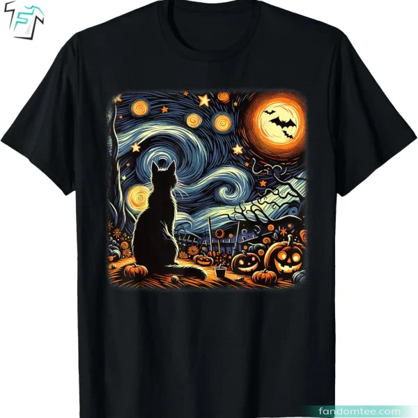 Halloween Cat Shirt Funny Halloween Starry Night Black Cat Pumpkin Bats Graphic Tee