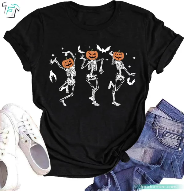 Happy Halloween Funny Skeleton Dancing Shirt Scary Spooky Skull Graphic Tee