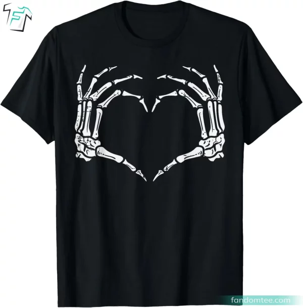 Heart Sign Retro Halloween Shirt With Skeleton Hands on Breast