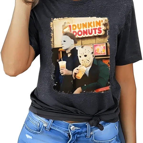 Scary Killers Dunkin Donuts Horror Character Shirt Novelty Graphic Halloween Party Tee