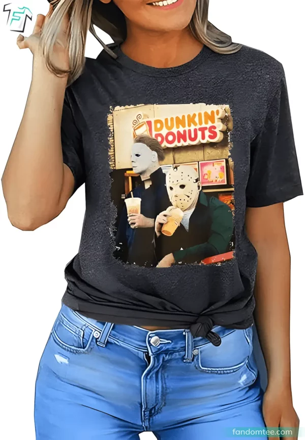 Scary Killers Dunkin Donuts Horror Character Shirt Novelty Graphic Halloween Party Tee