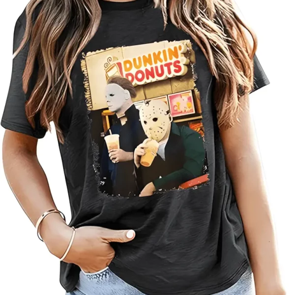 Scary Killers Dunkin Donuts Horror Character Shirt Novelty Graphic Halloween Party Tee