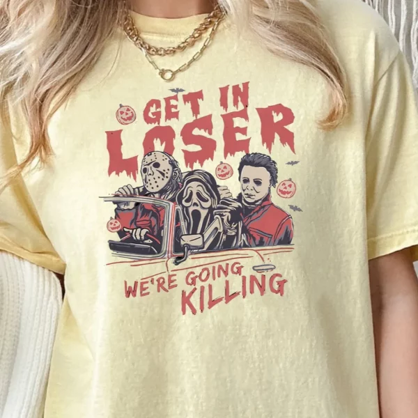 Vintage Get In Loser Shirt Funny Halloween Horror Characters for Movie Lovers