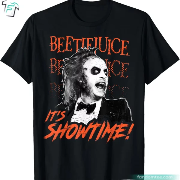 Beetlejuice It’s Showtime Shirt Vintage Text Stack Portrait Beetlejuice Tee Shirt