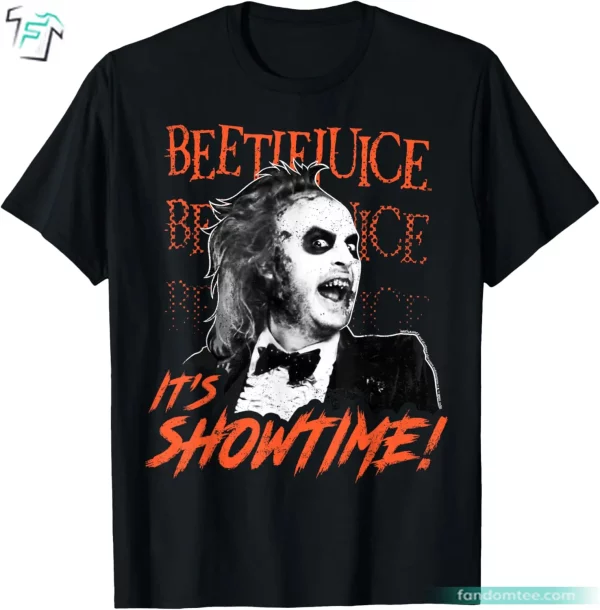 Beetlejuice It’s Showtime Shirt Vintage Text Stack Portrait Beetlejuice Tee Shirt