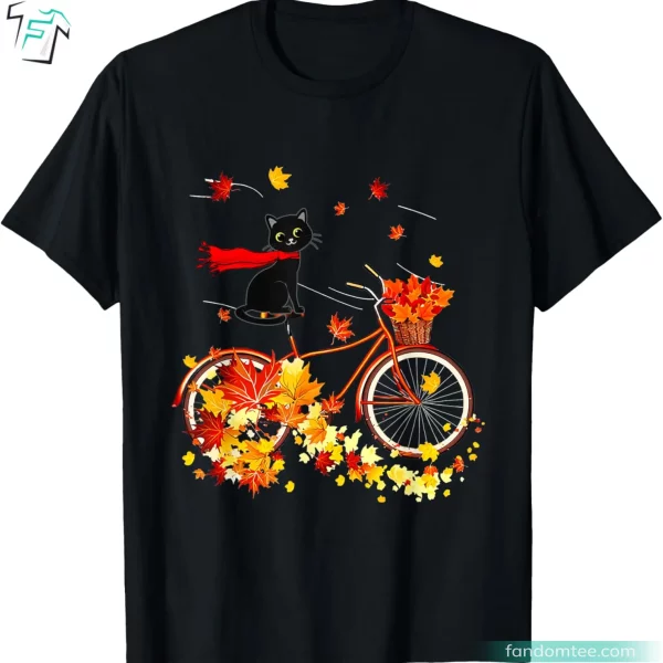 Black Cat Tee Shirt Funny Atumn Gift For Fall Cycling Lover