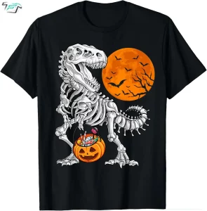 Boys Skeleton Dinosaur Halloween Shirt Funny T Rex Scary Pumpkin Moon Tee