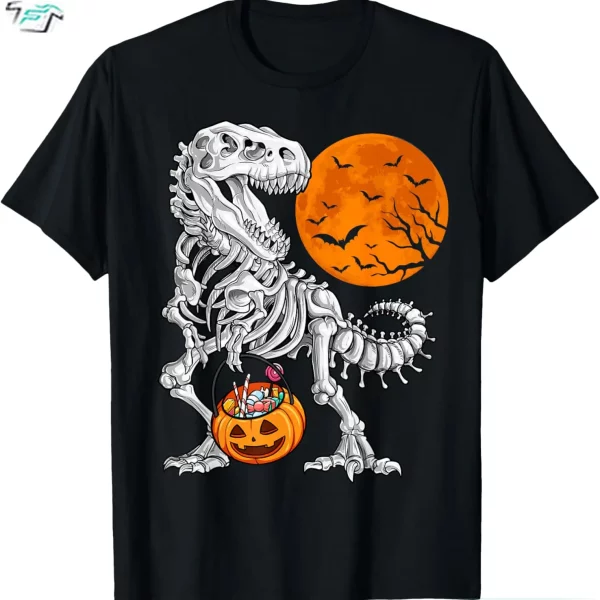 Boys Skeleton Dinosaur Halloween Shirt Funny T Rex Scary Pumpkin Moon Tee