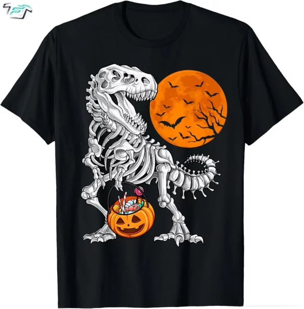 Boys Skeleton Dinosaur Halloween Shirt Funny T Rex Scary Pumpkin Moon Tee