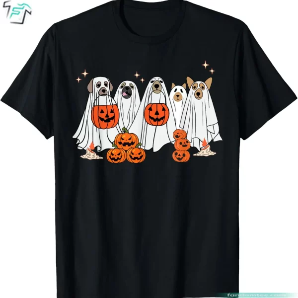 Funny Ghost Dog Shirt Halloween For Women Trick or Treat Cute Pumpkin Tee