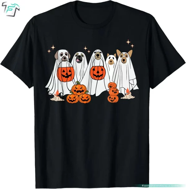 Funny Ghost Dog Shirt Halloween For Women Trick or Treat Cute Pumpkin Tee