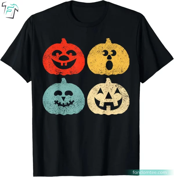 Funny Retro Vintage Pumpkin Halloween Face Jack O Lantern Tee Shirt