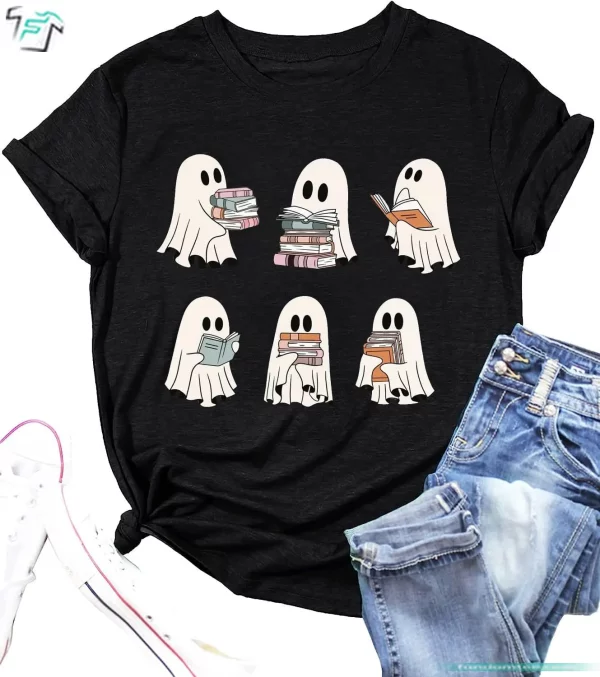 Ghost Reading Books Cute T Shirt Boo Boo Spooky Season Tee