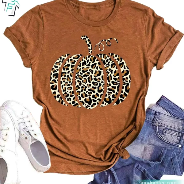 Leopard Cheetah Print Funny Cute Pumpkin Shirt Womens For Fall Autumn