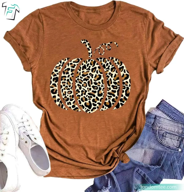 Leopard Cheetah Print Funny Cute Pumpkin Shirt Womens For Fall Autumn