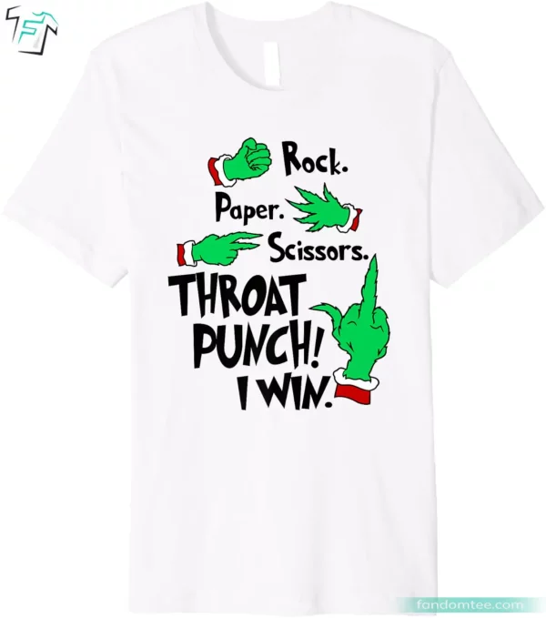 Rock Paper Scissors Throat Punch I Win Green Grinch Shirt Funny Christmas Graphic Tee