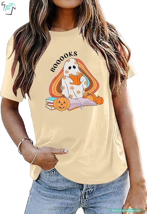 Spooky Ghost Booooks Groovy Boo T Shirt Funny Halloween Tee