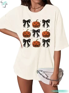 Trendy Halloween Shirt Pumpkin Vintage Bow Coquette Aesthetic Tee 2