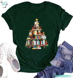 Book Christmas Tree Shirt Funny Book Lovers Xmas Holiday Reading Graphic Tee