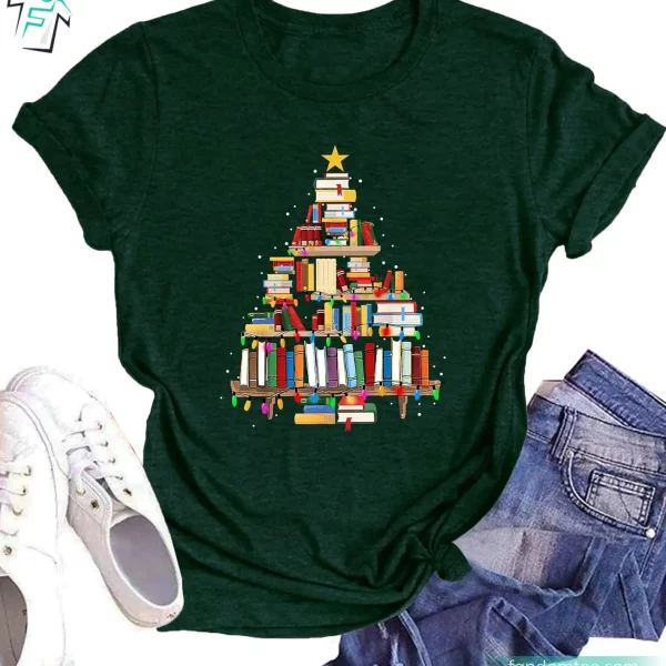 Book Christmas Tree Shirt Funny Book Lovers Xmas Holiday Reading Graphic Tee