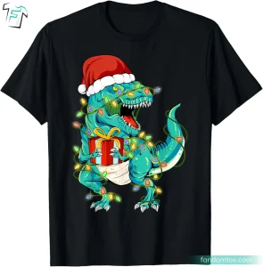 Xmas Tree Lights Santa Dinosaur Christmas T Shirt