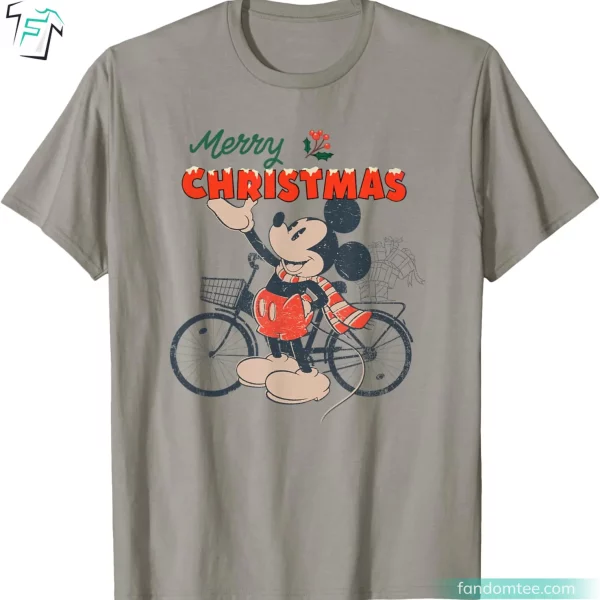 Disney Merry Christmas Bicycle Retro Mickey Mouse Christmas Tee Shirts