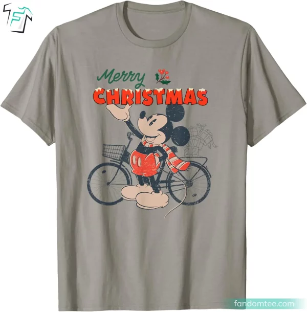 Disney Merry Christmas Bicycle Retro Mickey Mouse Christmas Tee Shirts