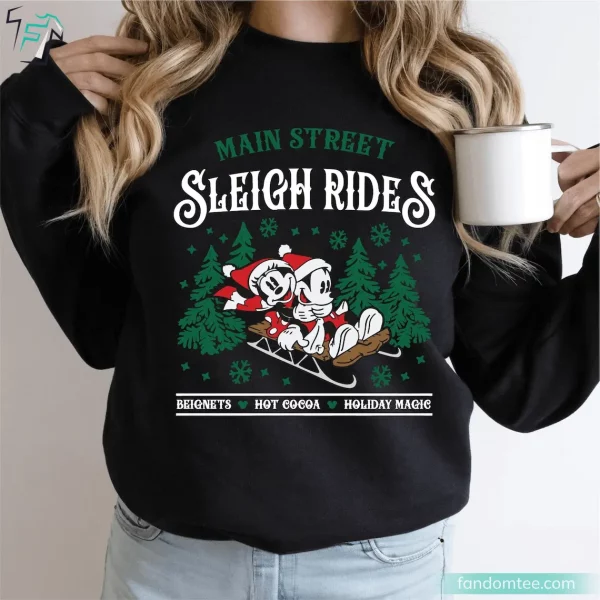 Mickey Minnie Santa 2024 Christmas Disney Sweatshirt Funny Main Street Sleigh Rides Graphic Tee