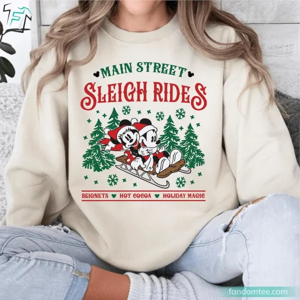 Mickey Minnie Santa 2024 Christmas Disney Sweatshirt Funny Main Street Sleigh Rides Graphic Tee