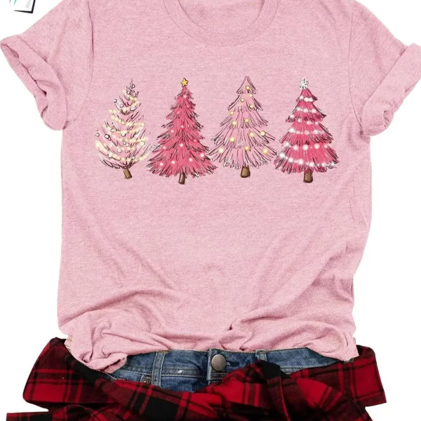 Retro Pink Christmas Tree Shirt Funny Snowman Xmas Gift Tee