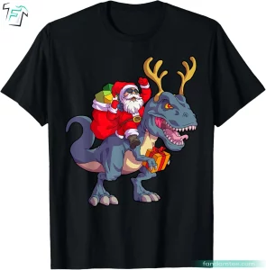 Xmas Santa Riding Dinosaur Deer Funny Christmas Dinosaurs T Shirt