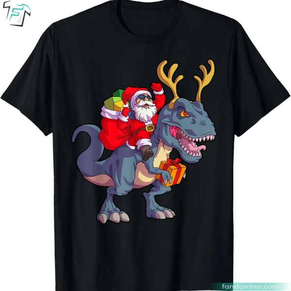 Xmas Santa Riding Dinosaur Deer Funny Christmas Dinosaurs T-Shirt